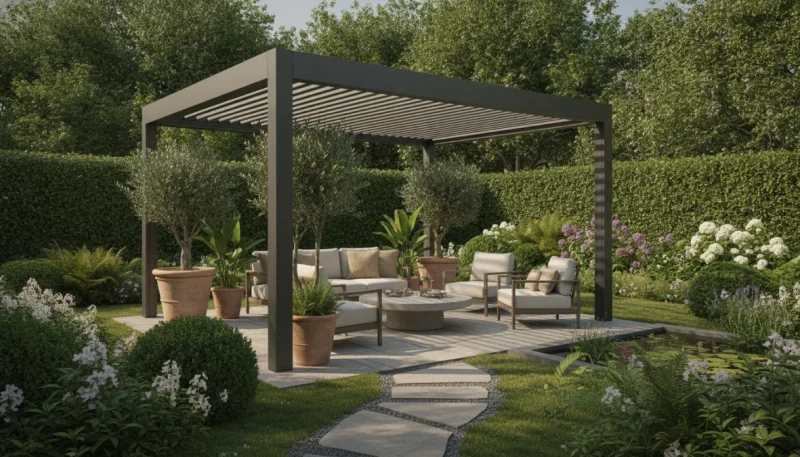 Pergolato moderno in giardino con copertura bioclimatica e zona relax esterna