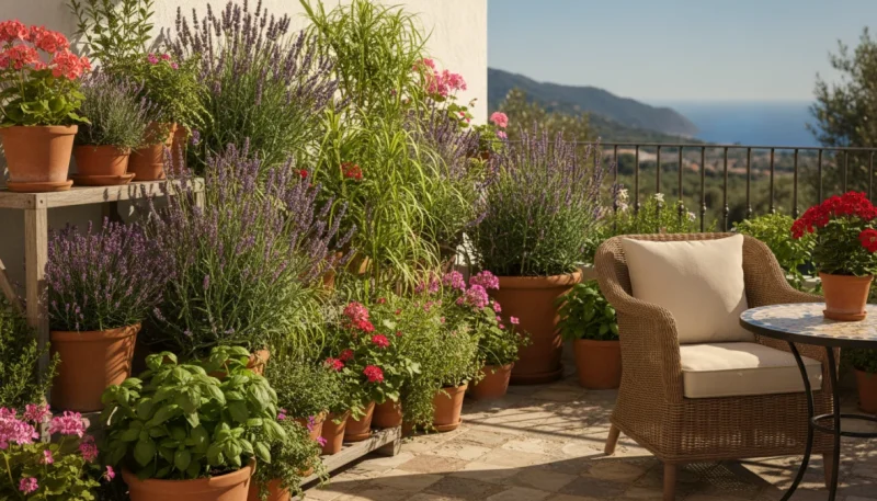 Balcone con piante antizanzare naturali tra cui lavanda, gerani e basilico in vaso