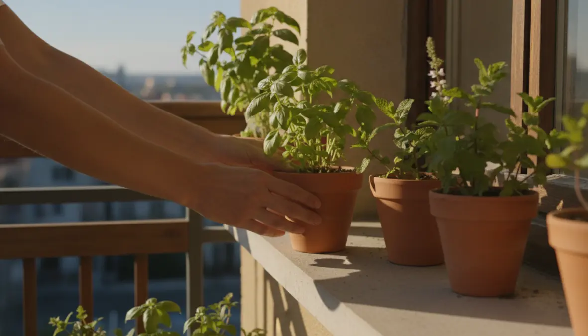 Posizionamento strategico di piante aromatiche contro le zanzare sul balcone vicino alle finestre
