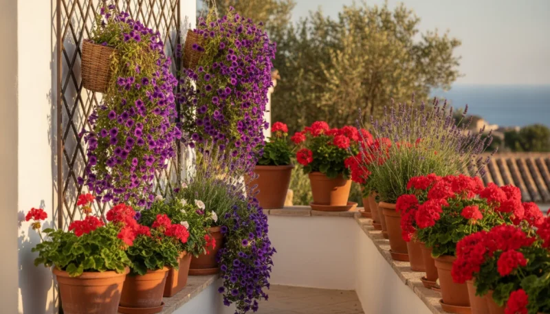 Balcone estivo fiorito con piante resistenti al caldo come gerani e petunie