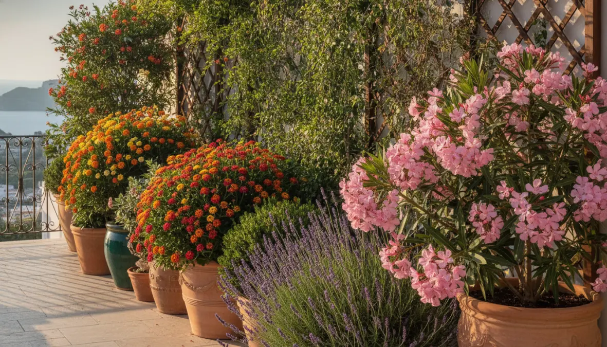 Piante estive perenni da balcone: lavanda, oleandro e lantana in fiore