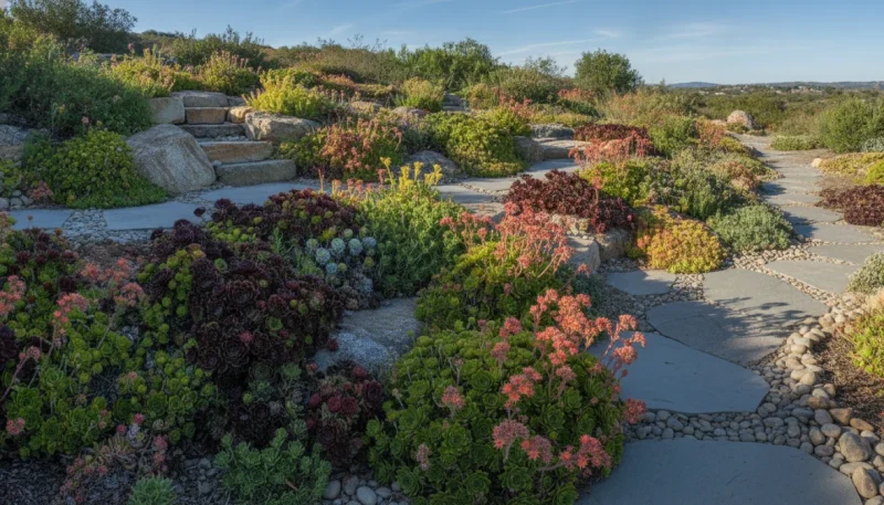Composizione di piante grasse da esterno in giardino roccioso con varietà di sedum e semprevivum