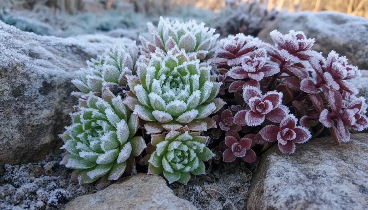 Piante grasse resistenti al freddo in giardino invernale con rosette di semprevivum