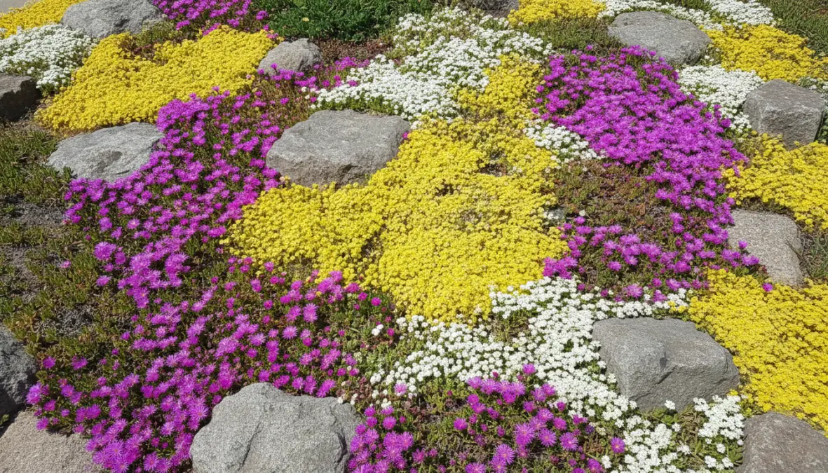 Piante grasse tappezzanti colorate in giardino roccioso con delosperma e sedum