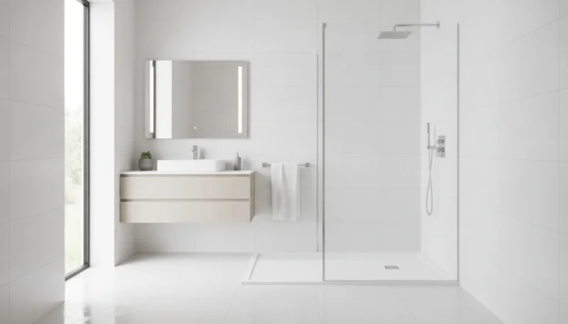 Piatto doccia moderno in bagno contemporaneo con box doccia in vetro