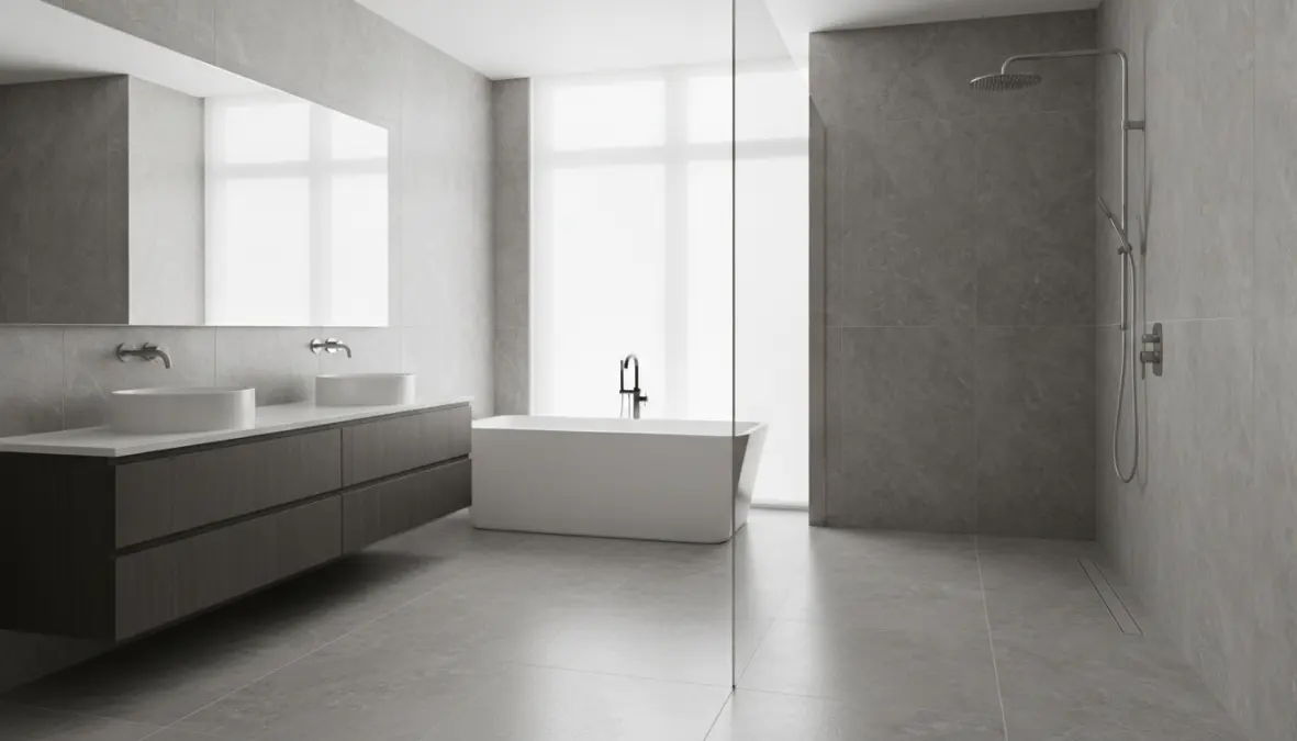 Piatto doccia filo pavimento installato in bagno moderno con box doccia walk-in