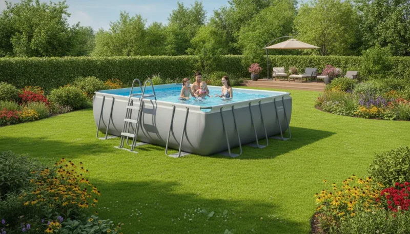 Piscina fuori terra con telaio installata in giardino durante l'estate