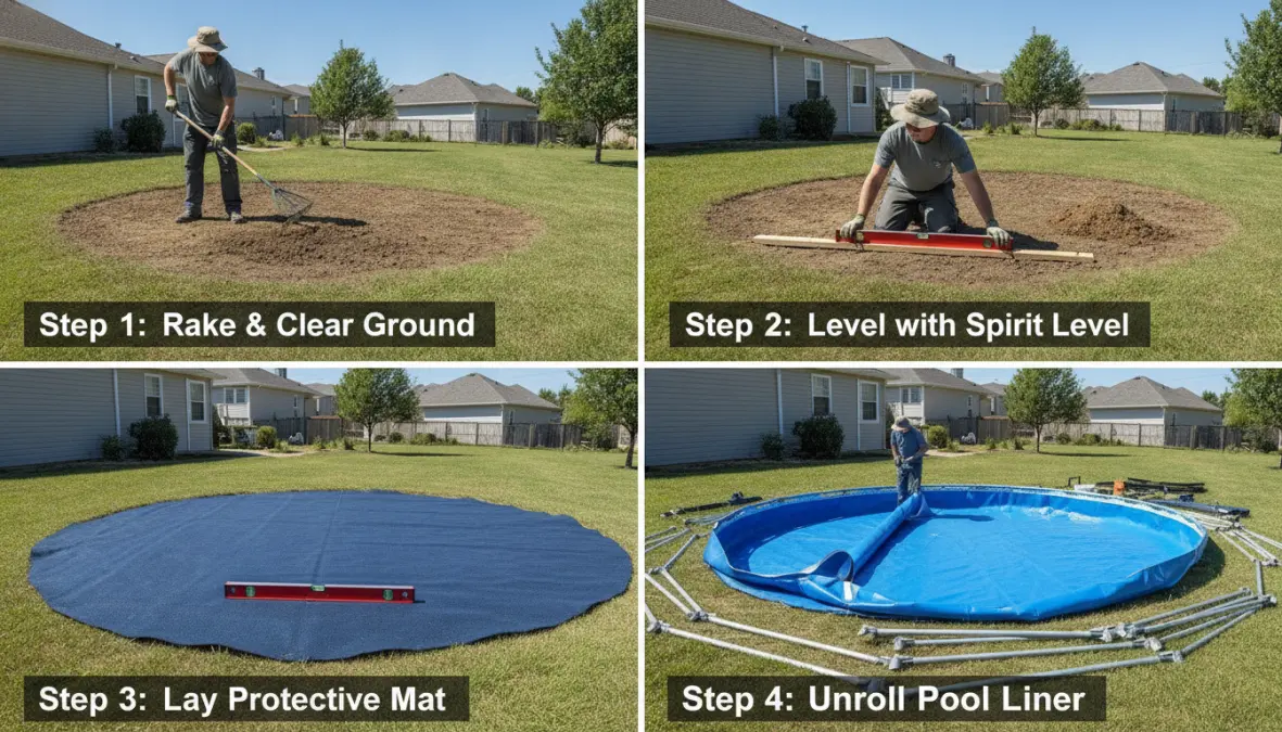 Preparazione del terreno per installazione piscina fuori terra con livellamento