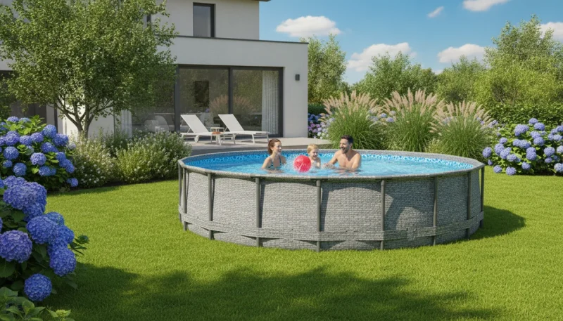 Piscina fuori terra moderna installata in giardino con famiglia che si gode l'estate
