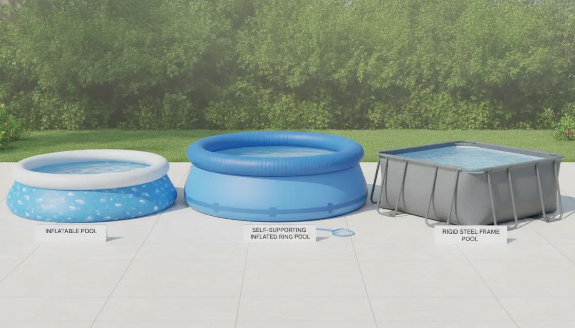 Tipologie diverse di piscine fuori terra: gonfiabile, autoportante e rigida con struttura in acciaio