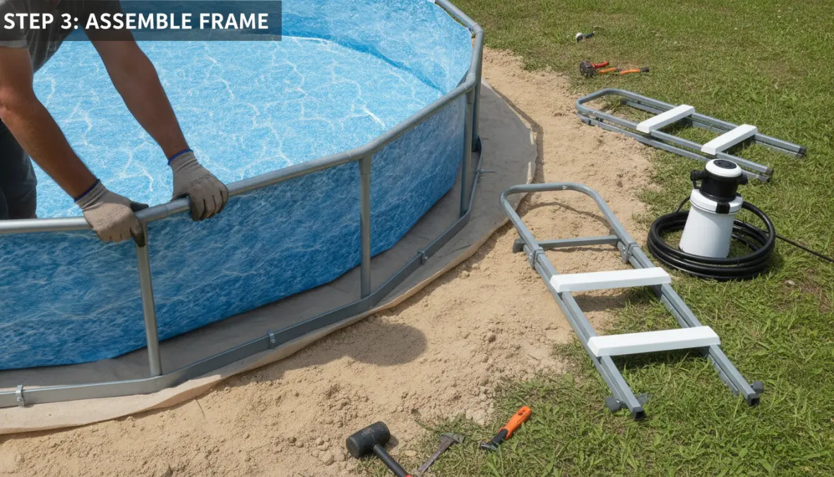Installazione di una piscina fuori terra con preparazione del terreno e montaggio della struttura