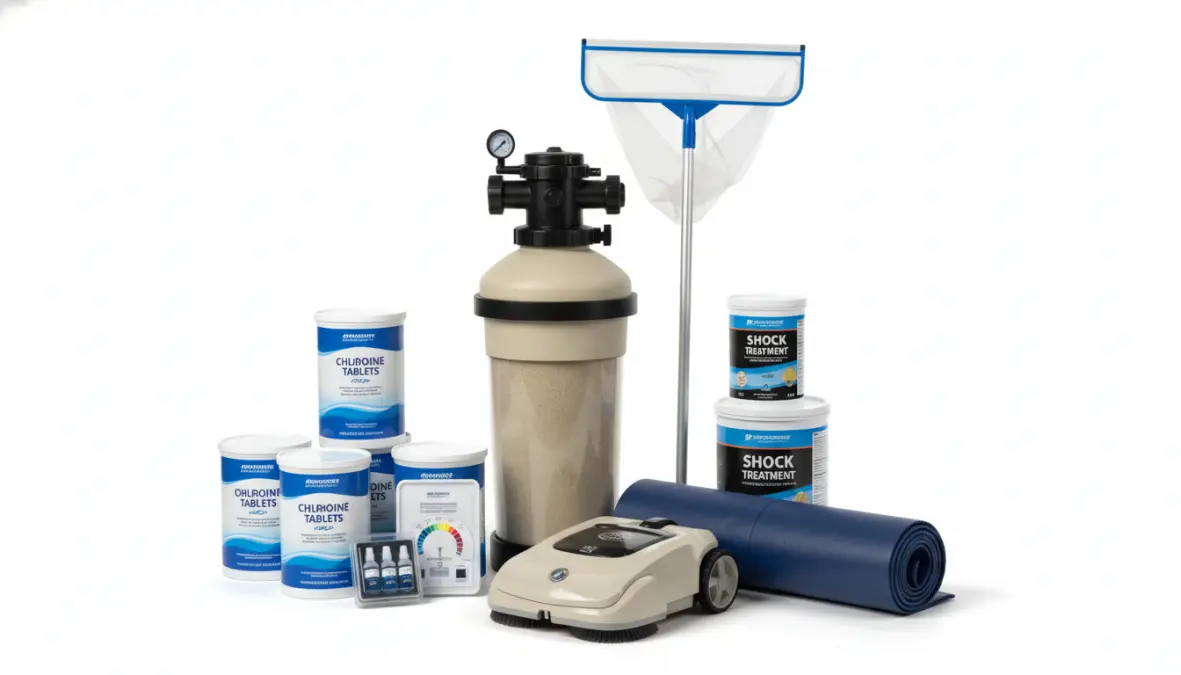 Accessori e prodotti per la manutenzione della piscina fuori terra: filtro, cloro e kit per trattamento acqua