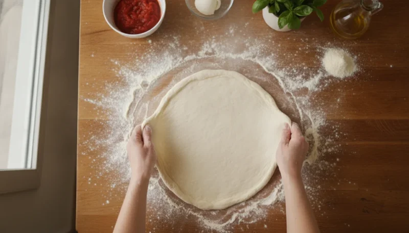 Mani che stendono l'impasto per pizza fatta in casa su tavolo in legno con farina