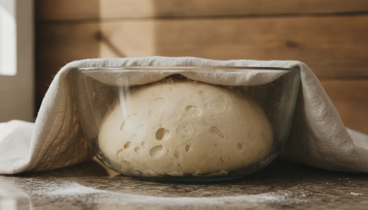 Impasto pizza fatto in casa in fase di lievitazione in ciotola di vetro