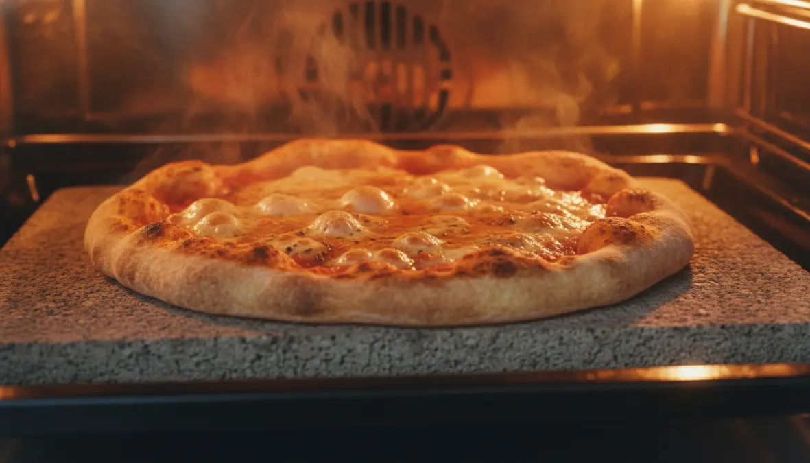 Pizza in cottura su pietra refrattaria nel forno di casa ad alta temperatura