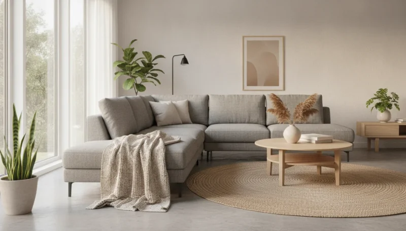 Plaid moderno in lana drappeggiato su divano grigio in soggiorno nordico luminoso