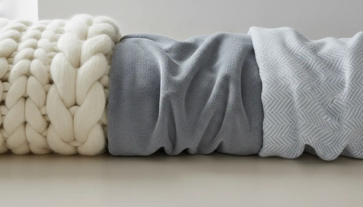 Confronto tra diversi tipi di plaid e coperte in lana, pile e cotone con dettagli texture