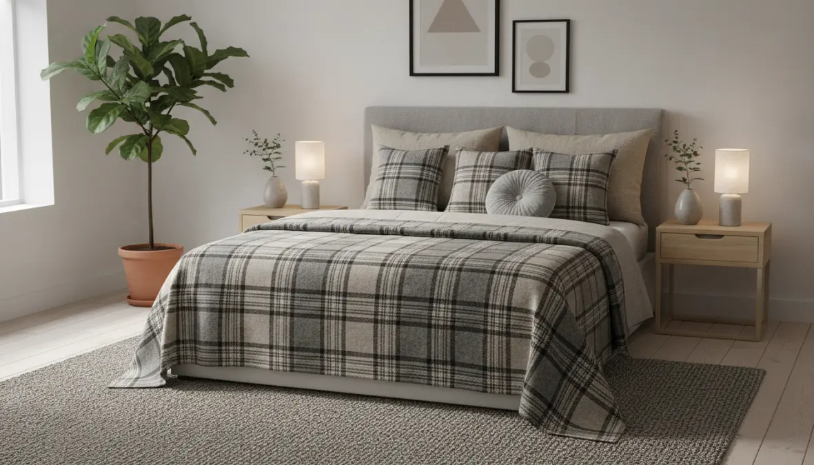 Camera da letto moderna con plaid coordinato e complementi arredo tessile stile nordico