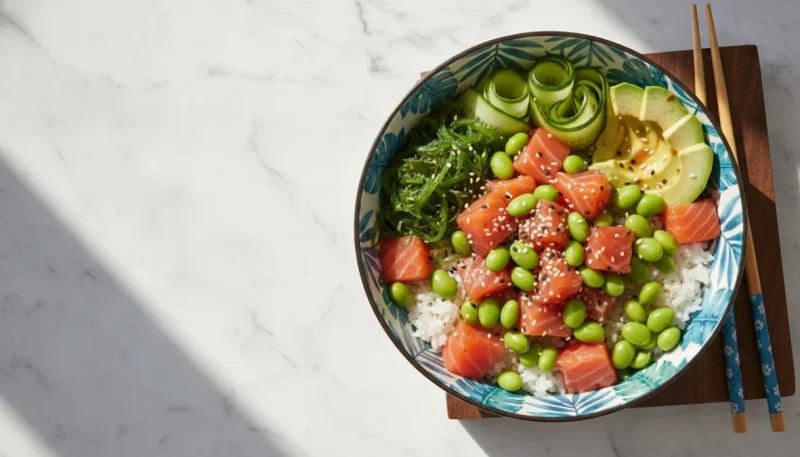 Poke bowl hawaiana con salmone fresco, riso sushi, edamame e avocado vista dall'alto