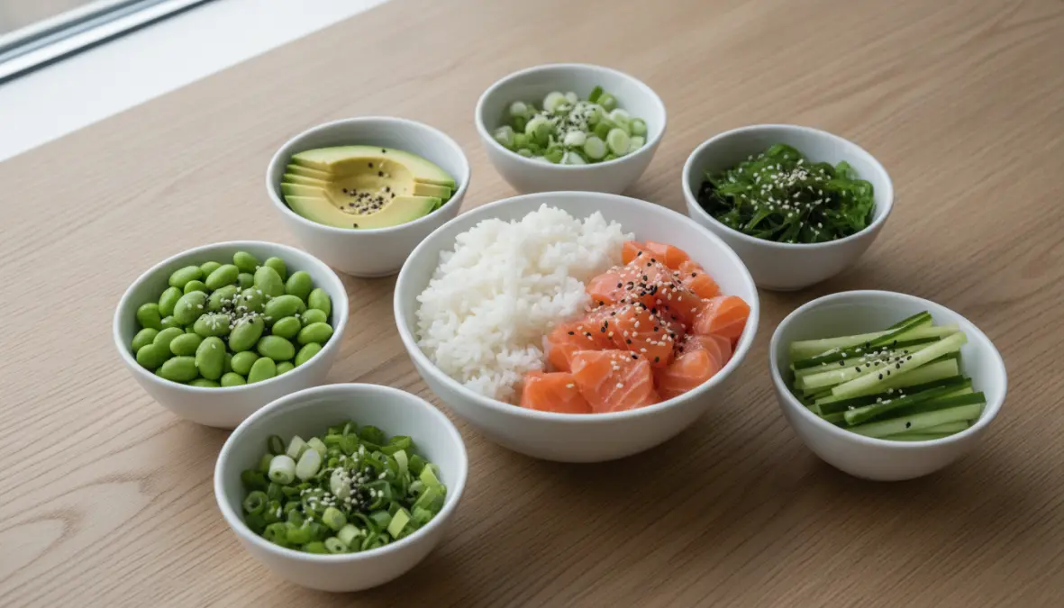 Ingredienti freschi per preparare poke bowl: riso sushi, salmone, edamame, avocado e verdure