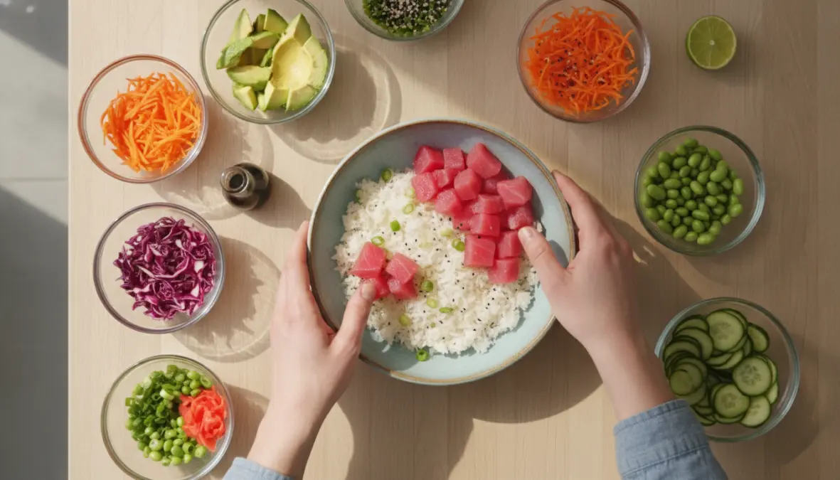 Come preparare una poke bowl al tonno: assemblaggio degli ingredienti nella bowl