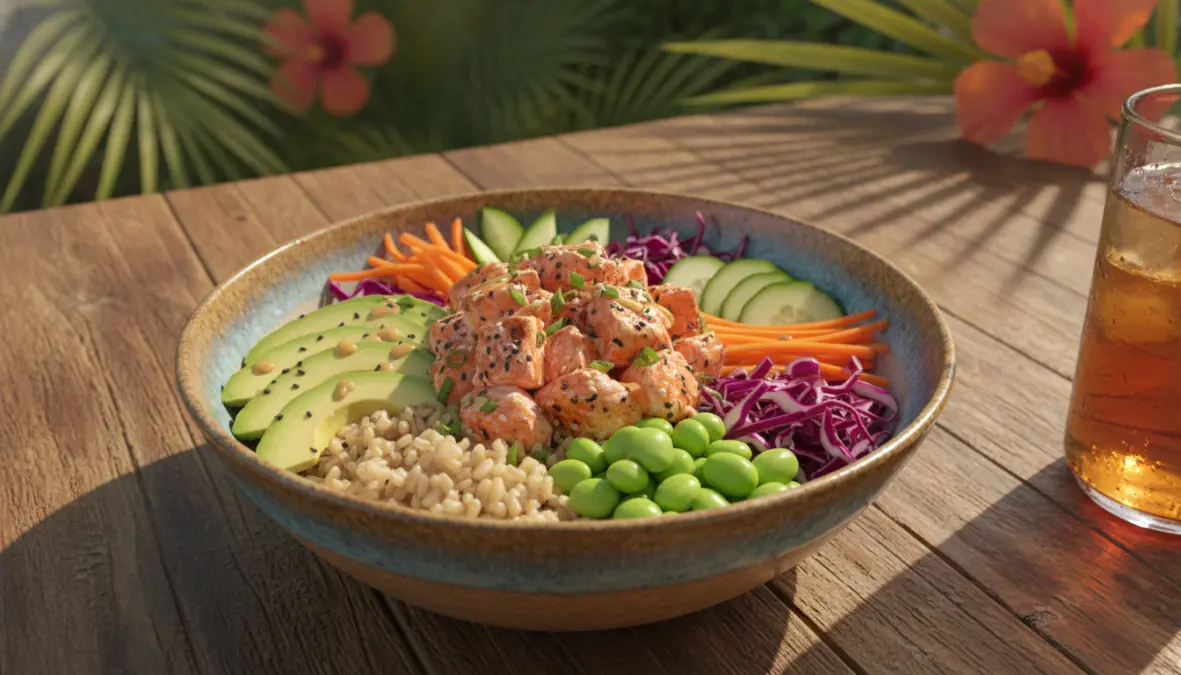Poke bowl estiva bilanciata con salmone, verdure fresche e salsa ponzu