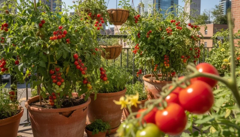 Pomodori rossi maturi coltivati in vaso su un balcone soleggiato
