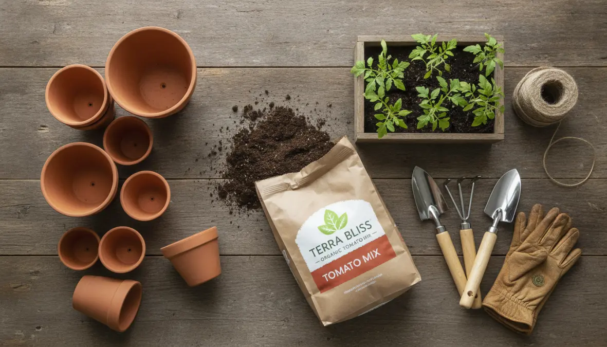 Vasi in terracotta, terriccio e piantine di pomodori per la coltivazione in vaso