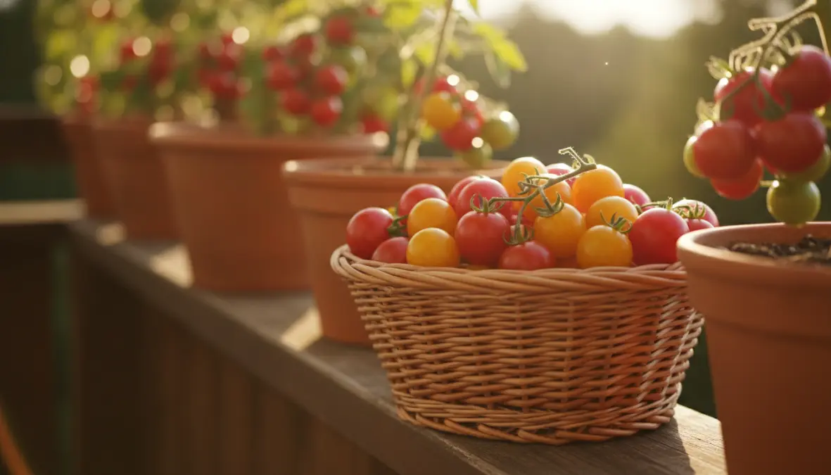 Raccolta di pomodori ciliegini freschi coltivati in vaso sul balcone
