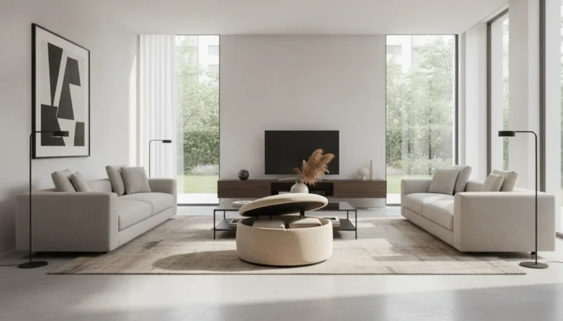 Pouf contenitore moderno in soggiorno con design elegante e funzionale