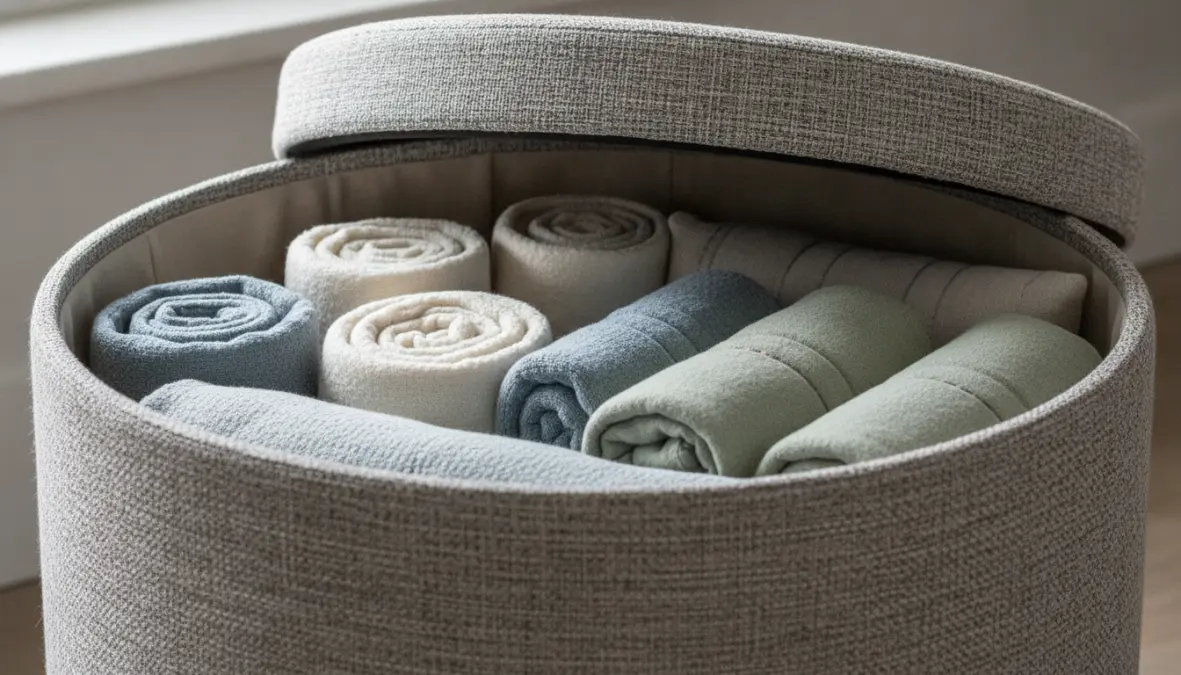 Pouf con vano contenitore aperto che mostra spazio interno per riporre coperte e oggetti