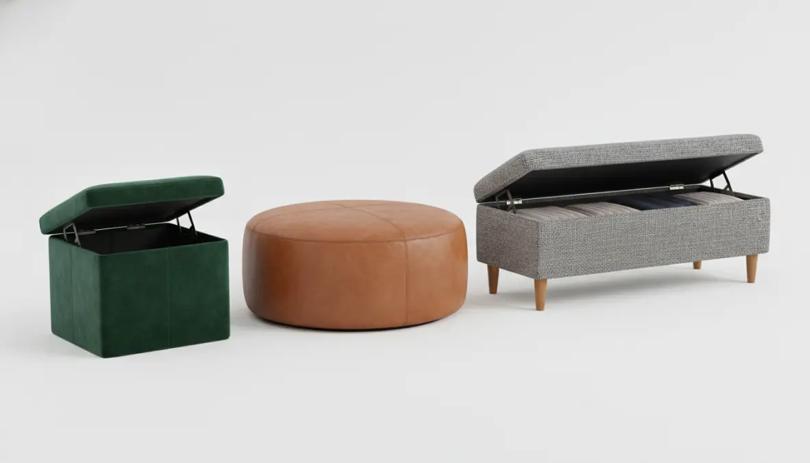 Diverse tipologie di pouf contenitore: cubo, rotondo e rettangolare con vari rivestimenti