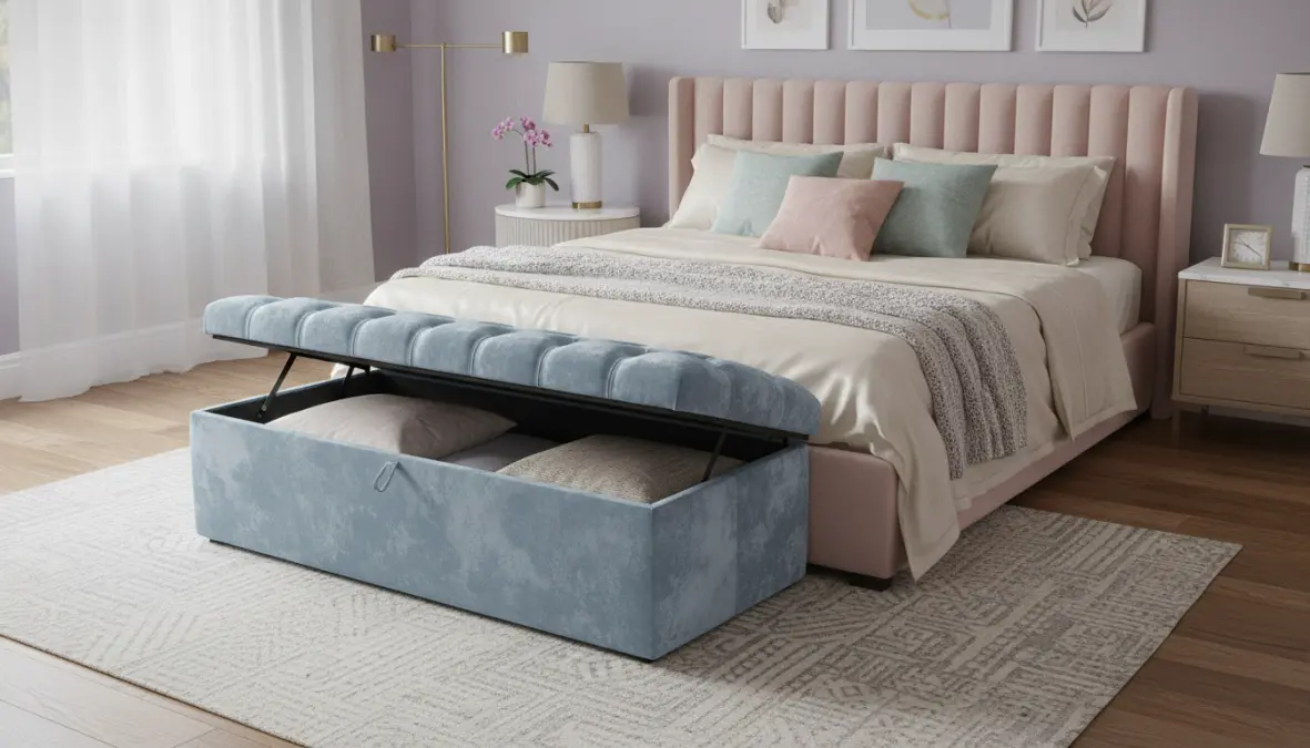 Pouf contenitore imbottito in velluto posizionato ai piedi del letto in camera moderna