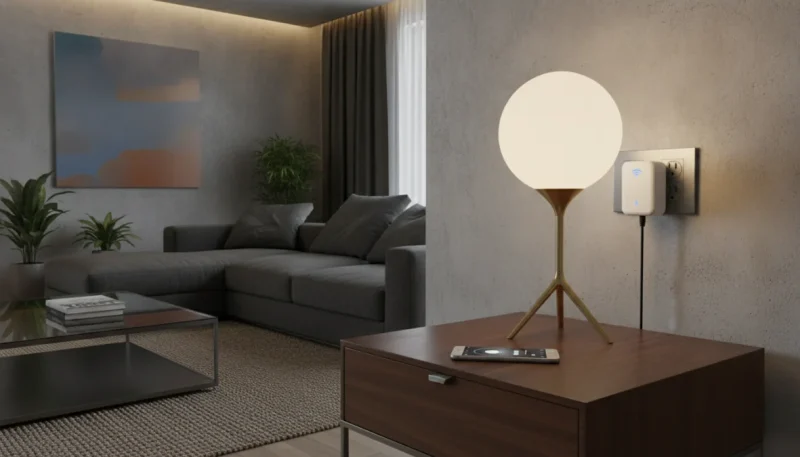 Presa smart WiFi collegata a lampada con controllo da smartphone in salotto moderno