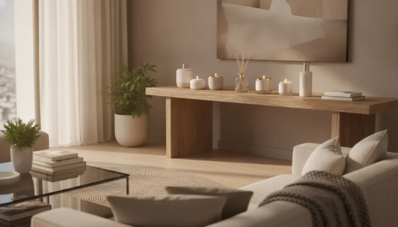 Profumatori ambiente eleganti in soggiorno moderno con diffusori a bastoncini e candele profumate