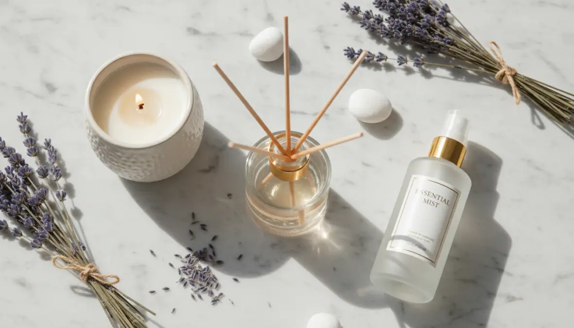 Diverse tipologie di diffusori profumo casa: bastoncini profumati, candele e spray per ambienti