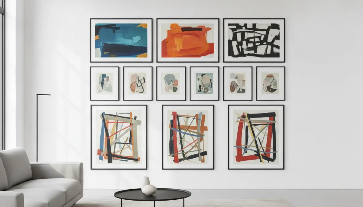 Composizione gallery wall con quadri moderni di diverse dimensioni disposti su parete