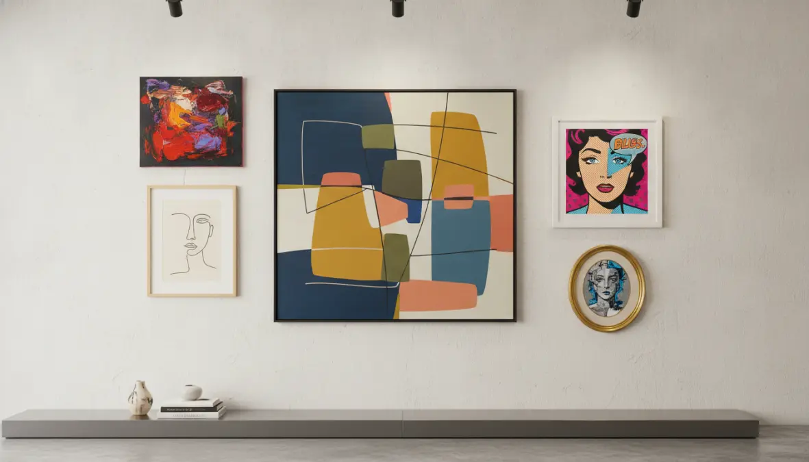 Diversi stili di quadri moderni e tele contemporanee per arredamento casa