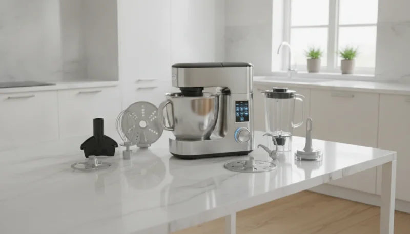 Robot da cucina multifunzione moderno con accessori su piano cucina