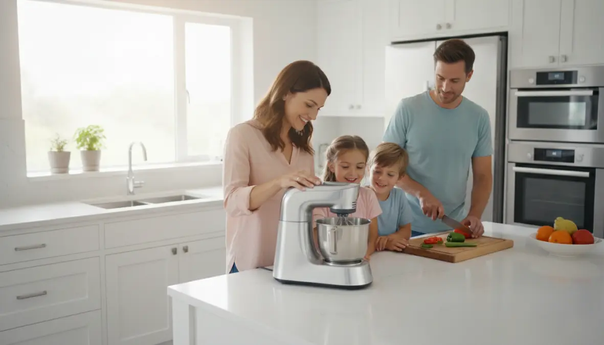 Famiglia che utilizza robot da cucina in cucina moderna durante preparazione pasti