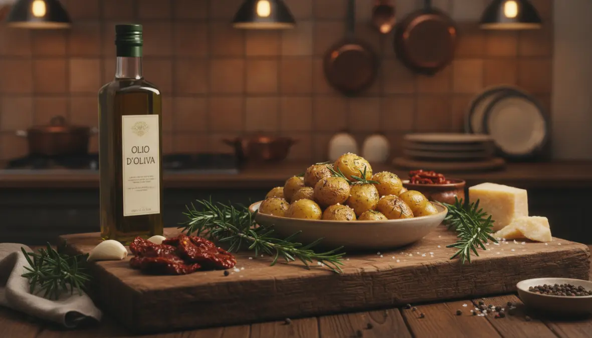 Rosmarino fresco in cucina con patate arrosto e ingredienti per ricette