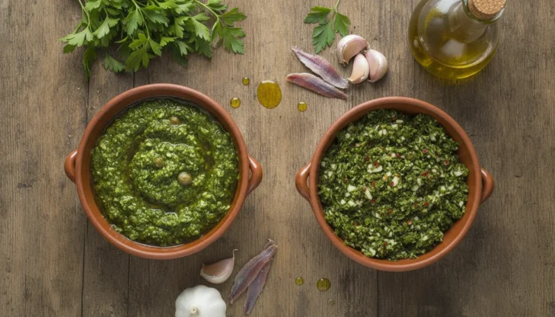 Salsa verde italiana e chimichurri argentino in ciotole con ingredienti freschi