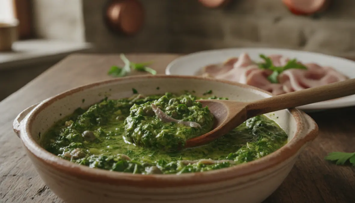 Salsa verde piemontese cremosa con prezzemolo, capperi e acciughe per bollito misto