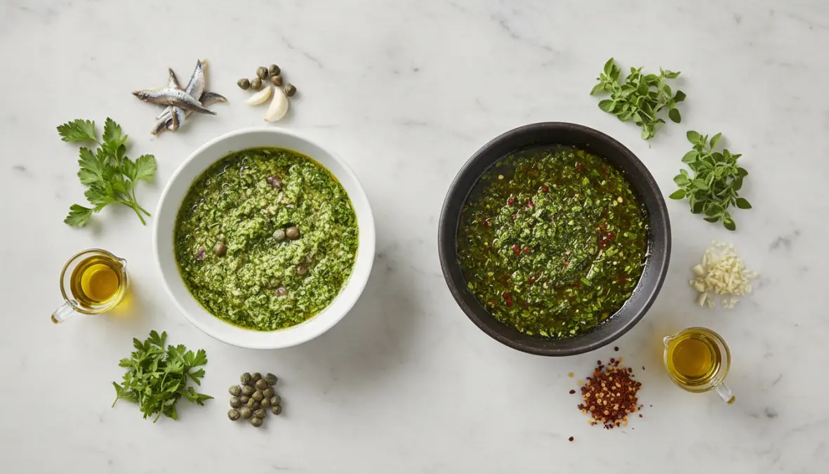 Confronto tra salsa verde italiana e chimichurri argentino con ingredienti e abbinamenti