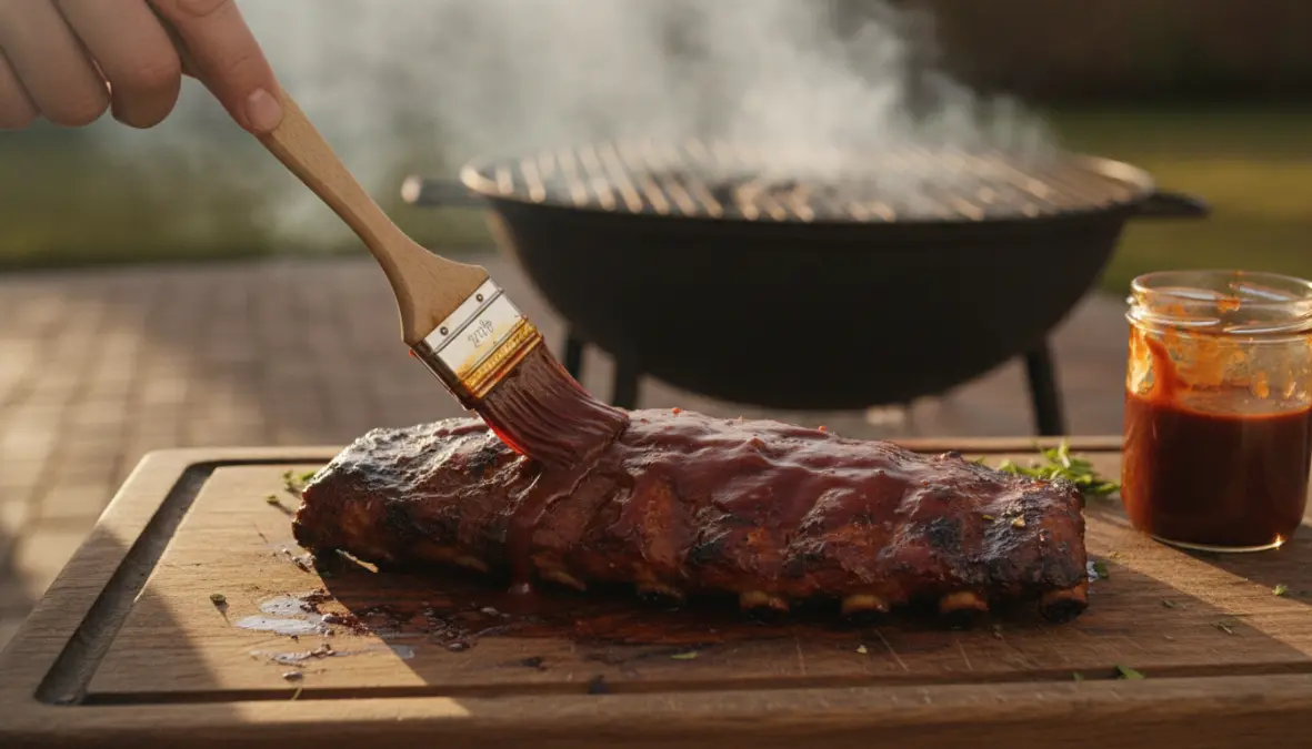 Salsa BBQ classica pennellata su costine alla griglia con pennello da cucina