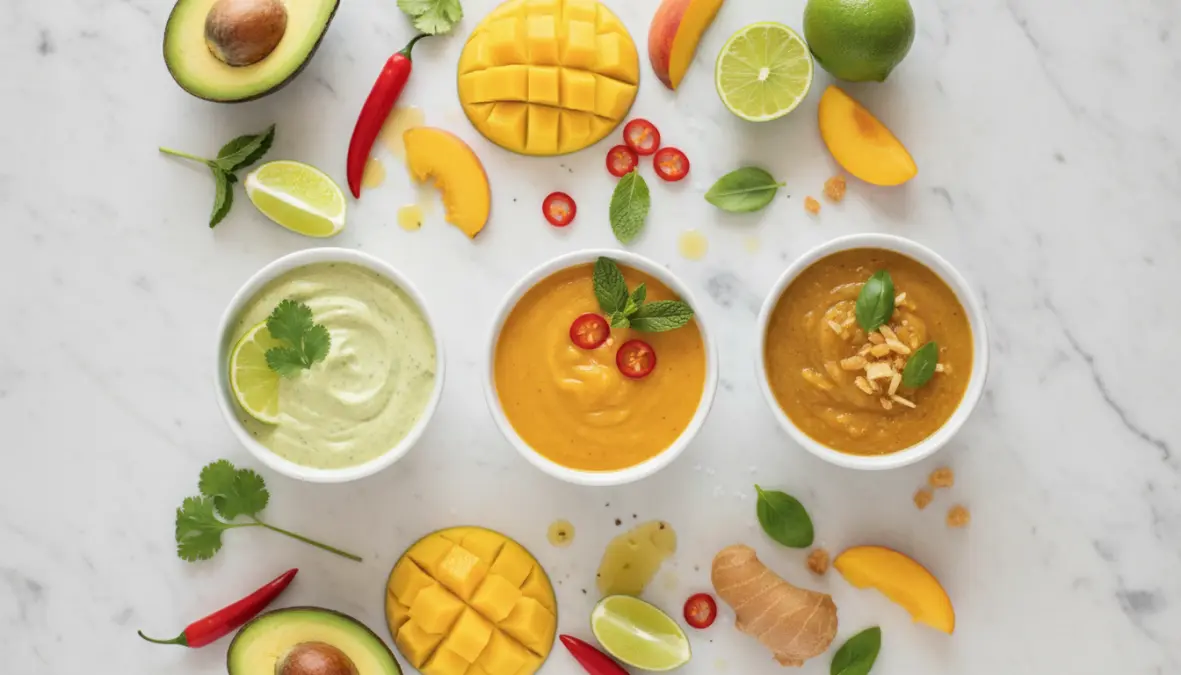 Salse estive creative per barbecue con avocado, mango e pesca in ciotole bianche