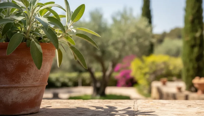 Pianta di salvia officinalis in vaso con foglie verdi vellutate