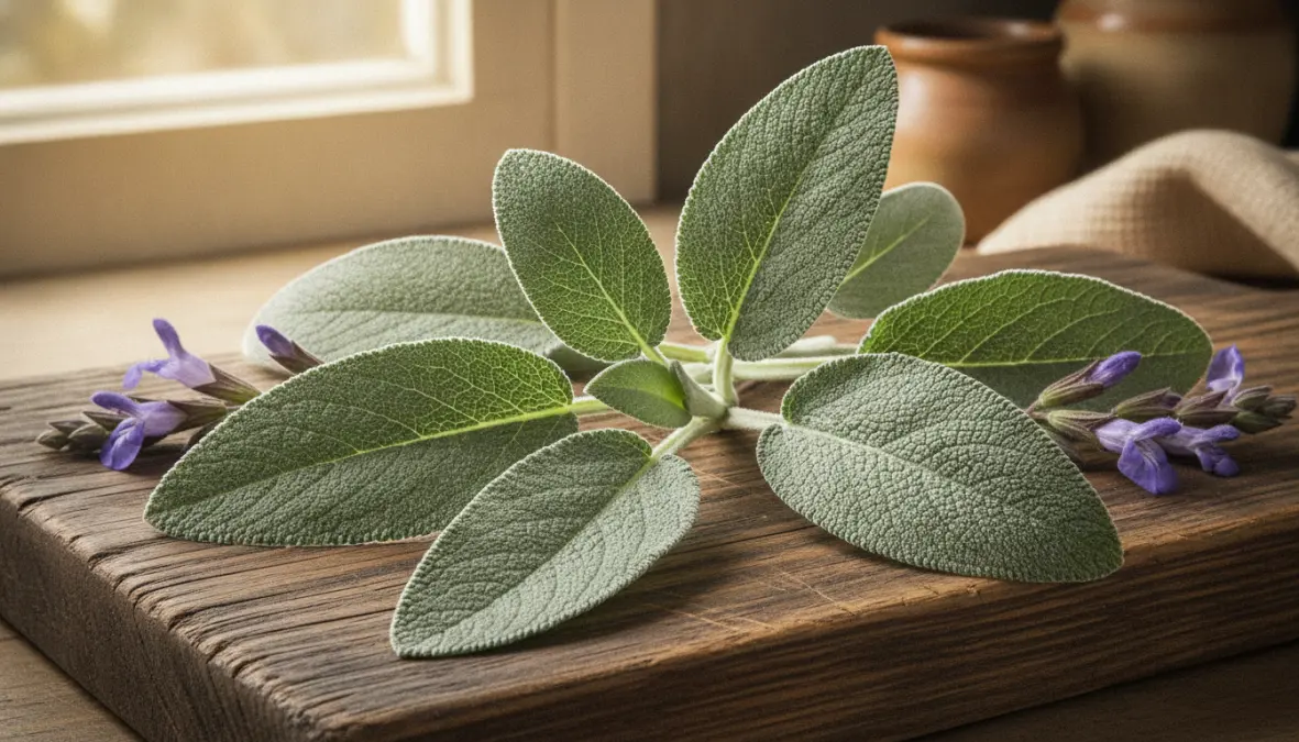 Foglie fresche di salvia officinalis con fiori viola, dettaglio botanico