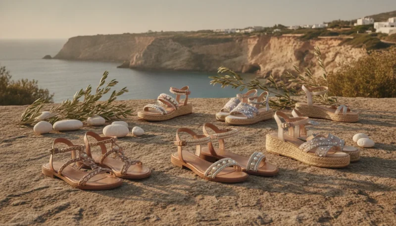 Collezione di sandali donna estivi: modelli flat, con tacco e platform su sfondo mediterraneo