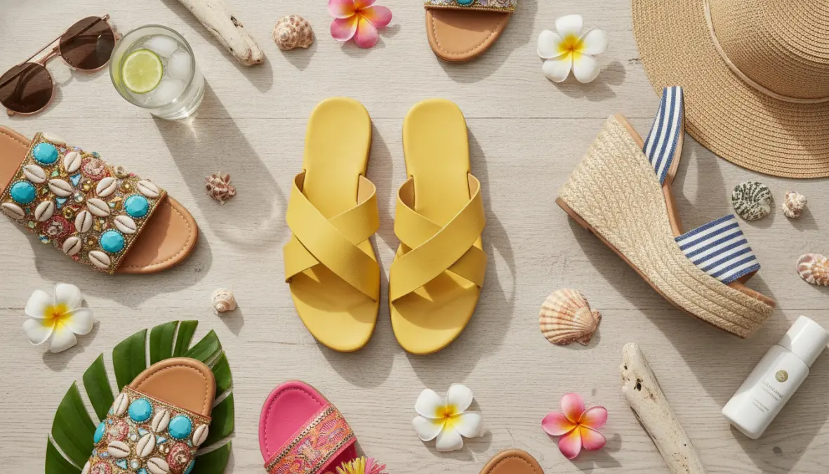 Assortimento di sandali estivi donna: modelli bassi, zeppe e ciabatte eleganti per l'estate